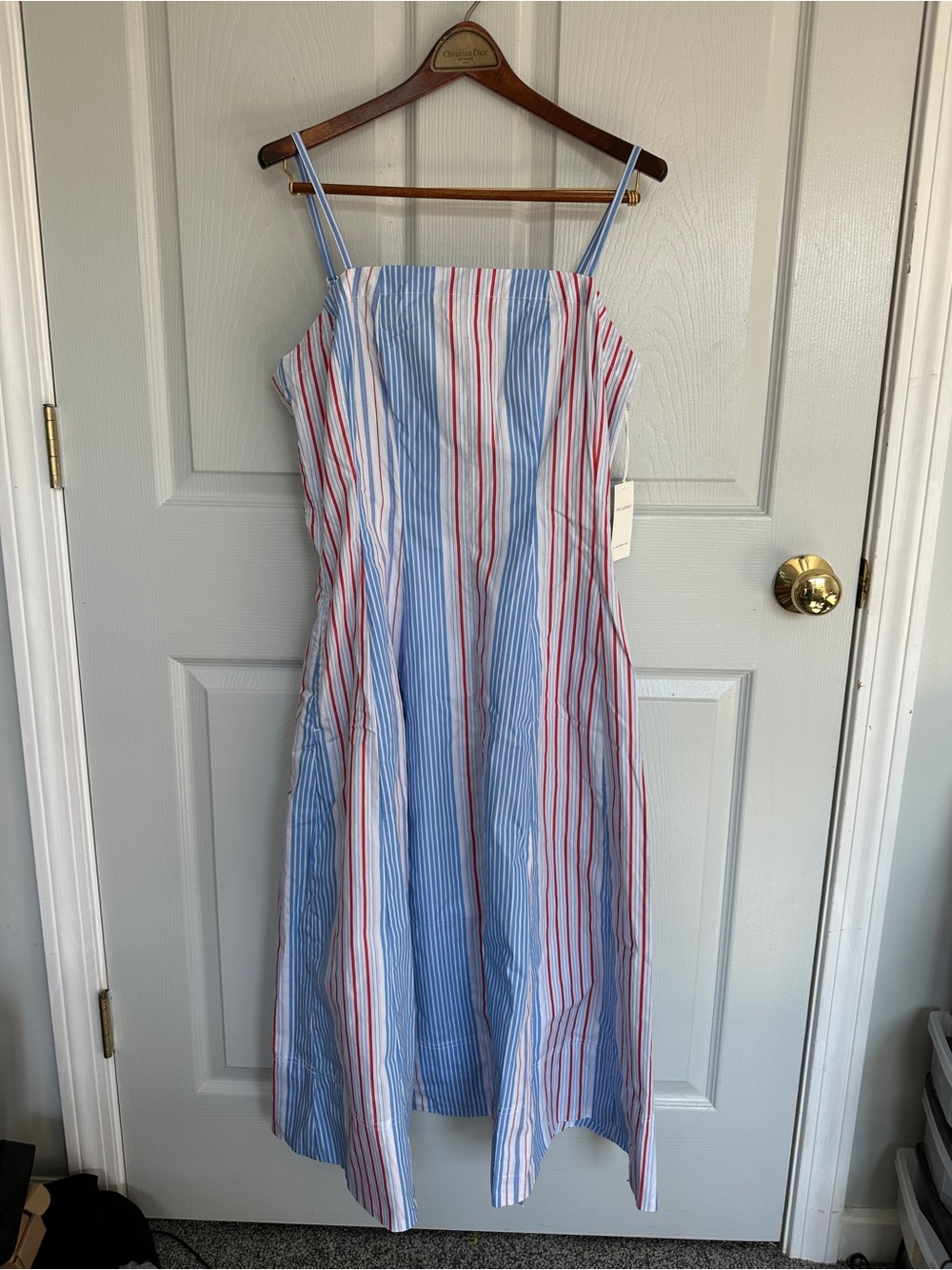 Striped Blue and Red Midi Dress with Spaghetti Straps